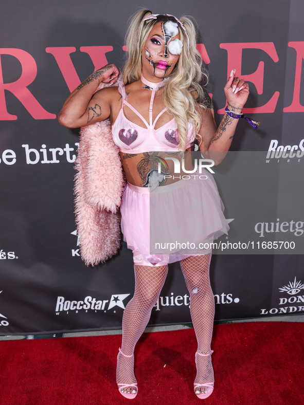 Hazel-E arrives at Amberween - An Amber Rose Birthday Party held at a Private Residence on October 19, 2024 in Tarzana, Los Angeles, Califor...