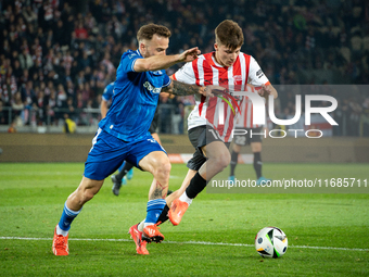 Dino Hotic and Filip Rozga participate in the game between KS Cracovia and Lech Poznan in Krakow, Poland, on October 19, 2024. This is a PKO...