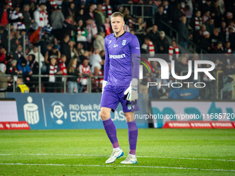 Goalkeeper Bartosz Mrozek participates in the game between KS Cracovia and Lech Poznan in Krakow, Poland, on October 19, 2024. PKO BP Ekstra...