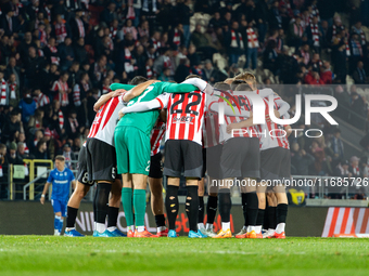 The Cracovia team huddles during the game between KS Cracovia and Lech Poznan in Krakow, Poland, on October 19, 2024, during the PKO BP Ekst...