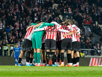 The Cracovia team huddles during the game between KS Cracovia and Lech Poznan in Krakow, Poland, on October 19, 2024, during the PKO BP Ekst...