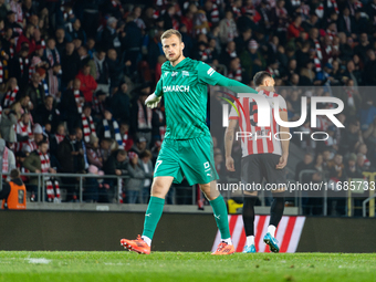 Goalkeeper Henrich Ravas participates in the game between KS Cracovia and Lech Poznan in Krakow, Poland, on October 19, 2024. This is a PKO...