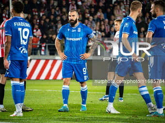 Lech Poznan players participate in the game between KS Cracovia and Lech Poznan in Krakow, Poland, on October 19, 2024. This is a PKO BP Eks...