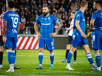 Lech Poznan players participate in the game between KS Cracovia and Lech Poznan in Krakow, Poland, on October 19, 2024. This is a PKO BP Eks...