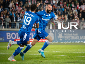 Mikael Ishak celebrates scoring a goal during the game between KS Cracovia and Lech Poznan in Krakow, Poland, on October 19, 2024. This is a...