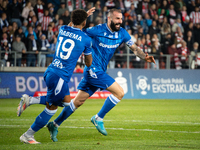 Mikael Ishak celebrates scoring a goal during the game between KS Cracovia and Lech Poznan in Krakow, Poland, on October 19, 2024. This is a...