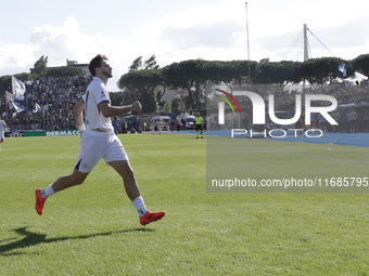 Napoli's Khvicha Kvaratskhelia celebrates after scoring their first goal during the Serie A soccer match between Empoli FC and SSC Napoli at...