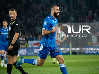 Mikael Ishak celebrates scoring a goal during the game between KS Cracovia and Lech Poznan in Krakow, Poland, on October 19, 2024. This is a...