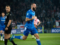 Mikael Ishak celebrates scoring a goal during the game between KS Cracovia and Lech Poznan in Krakow, Poland, on October 19, 2024. This is a...