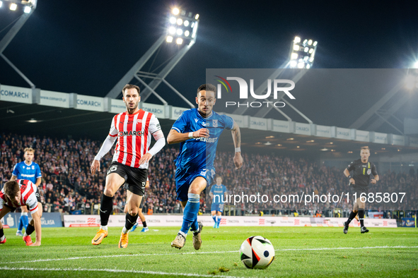 Afonso Sousa and Otar Kakabadze participate in the game between KS Cracovia and Lech Poznan in Krakow, Poland, on October 19, 2024. This is...