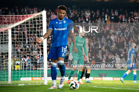 Bryan Fiabema participates in the game between KS Cracovia and Lech Poznan in Krakow, Poland, on October 19, 2024. This is a PKO BP Ekstrakl...