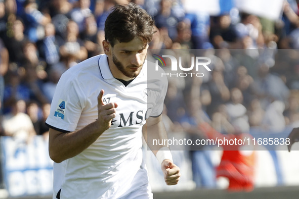 Napoli's Khvicha Kvaratskhelia celebrates after scoring their first goal during the Serie A soccer match between Empoli FC and SSC Napoli at...