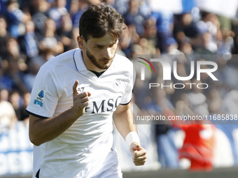 Napoli's Khvicha Kvaratskhelia celebrates after scoring their first goal during the Serie A soccer match between Empoli FC and SSC Napoli at...