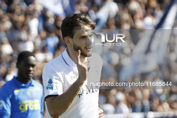 Napoli's Khvicha Kvaratskhelia celebrates after scoring their first goal during the Serie A soccer match between Empoli FC and SSC Napoli at...