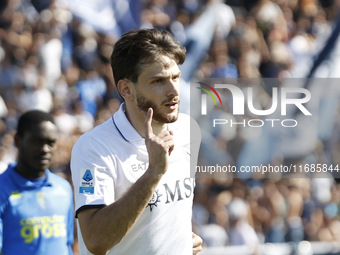 Napoli's Khvicha Kvaratskhelia celebrates after scoring their first goal during the Serie A soccer match between Empoli FC and SSC Napoli at...