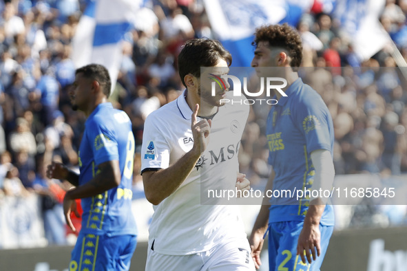 Napoli's Khvicha Kvaratskhelia celebrates after scoring their first goal during the Serie A soccer match between Empoli FC and SSC Napoli at...