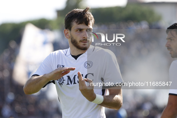 Napoli's Khvicha Kvaratskhelia celebrates after scoring their first goal during the Serie A soccer match between Empoli FC and SSC Napoli at...