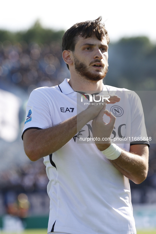 Napoli's Khvicha Kvaratskhelia celebrates after scoring their first goal during the Serie A soccer match between Empoli FC and SSC Napoli at...