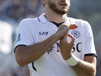 Napoli's Khvicha Kvaratskhelia celebrates after scoring their first goal during the Serie A soccer match between Empoli FC and SSC Napoli at...