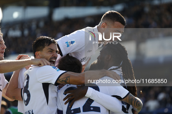 Napoli's Khvicha Kvaratskhelia celebrates after scoring their first goal during the Serie A soccer match between Empoli FC and SSC Napoli at...