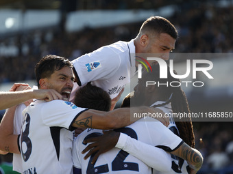 Napoli's Khvicha Kvaratskhelia celebrates after scoring their first goal during the Serie A soccer match between Empoli FC and SSC Napoli at...