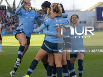 Jill Roord #10 of Manchester City W.F.C. celebrates her goal with teammates during the Barclays FA Women's Super League match between Manche...