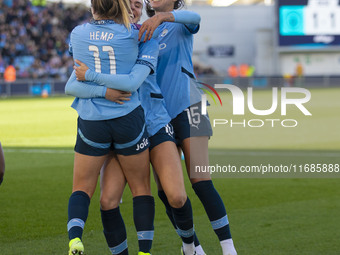 Jill Roord #10 of Manchester City W.F.C. celebrates her goal with teammates during the Barclays FA Women's Super League match between Manche...