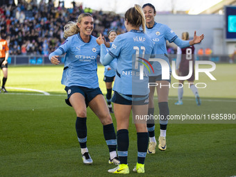 Jill Roord #10 of Manchester City W.F.C. celebrates her goal with teammates during the Barclays FA Women's Super League match between Manche...