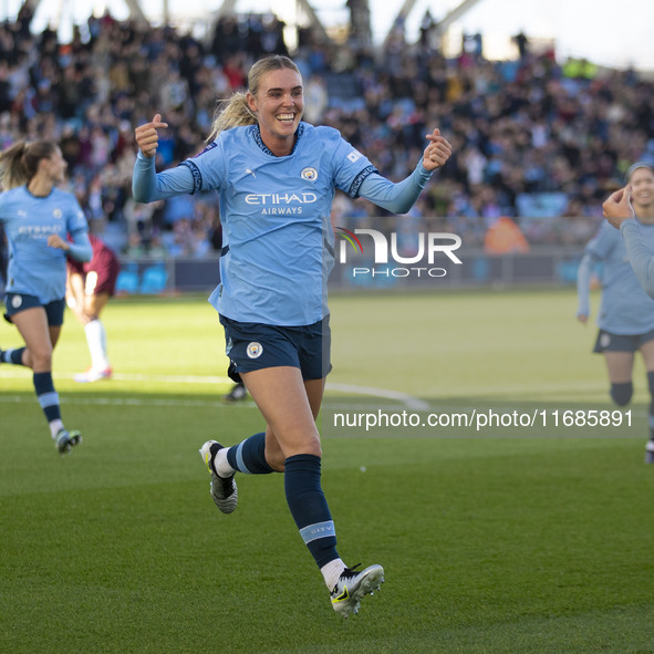 Jill Roord, #10 of Manchester City W.F.C., celebrates her goal during the Barclays FA Women's Super League match between Manchester City and...