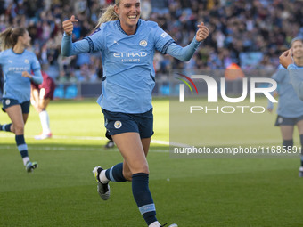 Jill Roord, #10 of Manchester City W.F.C., celebrates her goal during the Barclays FA Women's Super League match between Manchester City and...