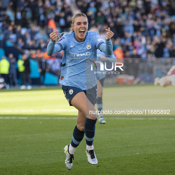 Jill Roord, #10 of Manchester City W.F.C., celebrates her goal during the Barclays FA Women's Super League match between Manchester City and...