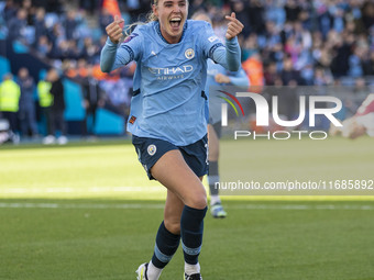 Jill Roord, #10 of Manchester City W.F.C., celebrates her goal during the Barclays FA Women's Super League match between Manchester City and...