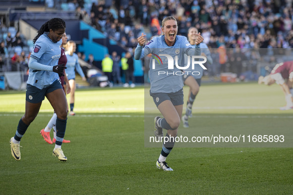 Jill Roord, #10 of Manchester City W.F.C., celebrates her goal during the Barclays FA Women's Super League match between Manchester City and...