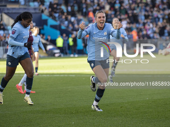 Jill Roord, #10 of Manchester City W.F.C., celebrates her goal during the Barclays FA Women's Super League match between Manchester City and...