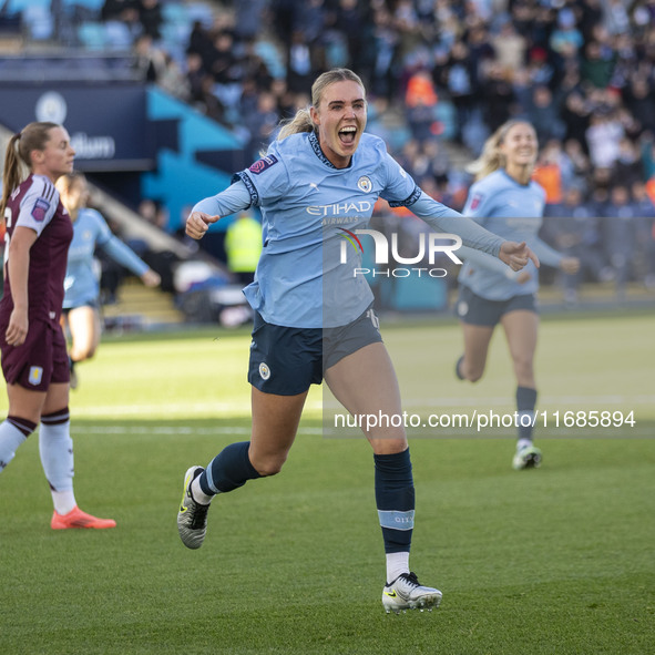 Jill Roord, #10 of Manchester City W.F.C., celebrates her goal during the Barclays FA Women's Super League match between Manchester City and...