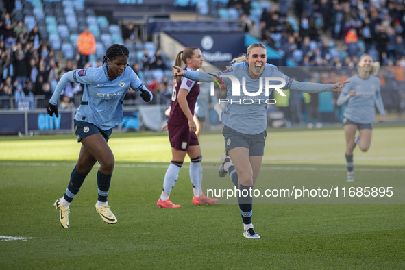 Jill Roord, #10 of Manchester City W.F.C., celebrates her goal during the Barclays FA Women's Super League match between Manchester City and...