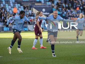 Jill Roord, #10 of Manchester City W.F.C., celebrates her goal during the Barclays FA Women's Super League match between Manchester City and...