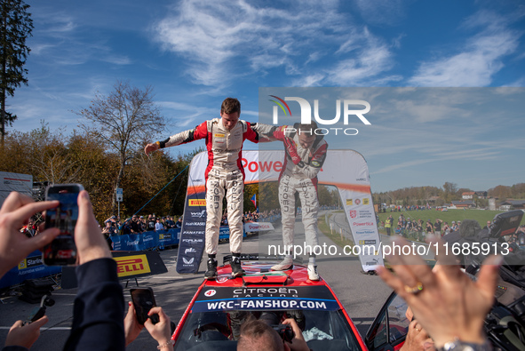 Nikolay Gryazin and Konstantin Aleksandrov, driving a Citroen C3 for the DG Sport Competition team, celebrate the victory of WRC2 during the...