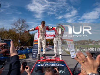 Nikolay Gryazin and Konstantin Aleksandrov, driving a Citroen C3 for the DG Sport Competition team, celebrate the victory of WRC2 during the...