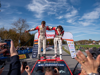 Nikolay Gryazin and Konstantin Aleksandrov, driving a Citroen C3 for the DG Sport Competition team, celebrate the victory of WRC2 during the...