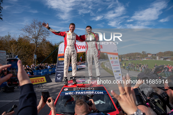 Nikolay Gryazin and Konstantin Aleksandrov, driving a Citroen C3 for the DG Sport Competition team, celebrate the victory of WRC2 during the...