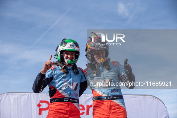 Ott Tanak and Martin Jarveoja from Estonia, driving a Hyundai i20 N Rally1 Hybrid for the Hyundai Shell Mobis World Rally Team, celebrate th...