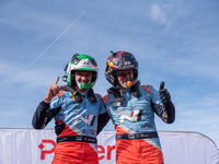 Ott Tanak and Martin Jarveoja from Estonia, driving a Hyundai i20 N Rally1 Hybrid for the Hyundai Shell Mobis World Rally Team, celebrate th...