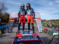 Ott Tanak and Martin Jarveoja from Estonia, driving a Hyundai i20 N Rally1 Hybrid for the Hyundai Shell Mobis World Rally Team, celebrate th...