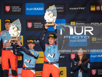 Thierry Neuville and Martijn Wydaeghe, both from Belgium, celebrate third place at the WRC Central European Rally in Central Europe, on Octo...