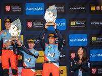 Thierry Neuville and Martijn Wydaeghe, both from Belgium, celebrate third place at the WRC Central European Rally in Central Europe, on Octo...