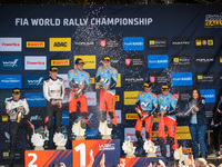 Elfyn Evans (Gbr), Scott Martin (Gbr), Ott Tanak (Est), Martin Jarveoja (Est), Thierry Neuville (Bel), and Martijn Wydaeghe (Bel) celebrate...