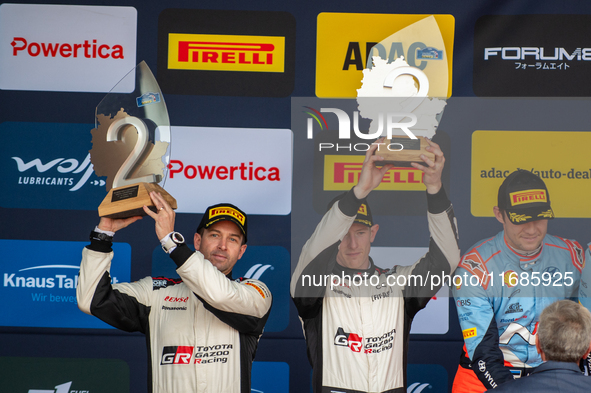 Elfyn Evans and Scott Martin from Great Britain celebrate second place at the WRC Central European Rally from October 17 to 20, 2024. 