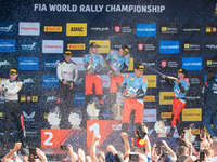 Elfyn Evans (Gbr), Scott Martin (Gbr), Ott Tanak (Est), Martin Jarveoja (Est), Thierry Neuville (Bel), and Martijn Wydaeghe (Bel) celebrate...