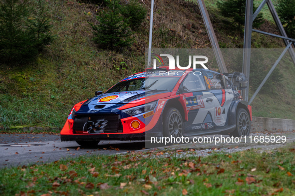 Andreas Mikkelsen and Torstein Eriksen from Norway drive a Hyundai i20 N Rally1 Hybrid for the Hyundai Shell Mobis World Rally Team during t...